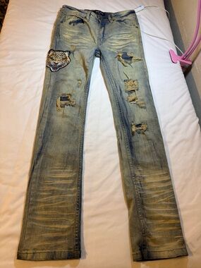 Kids Distressed Light Blue Jeans with Leopard Patch